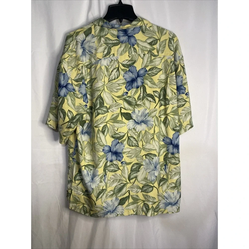 Tommy Bahama Camp Shirt Mens L Yellow Blue Hibiscus Silk Floral Short Sleeve Exc